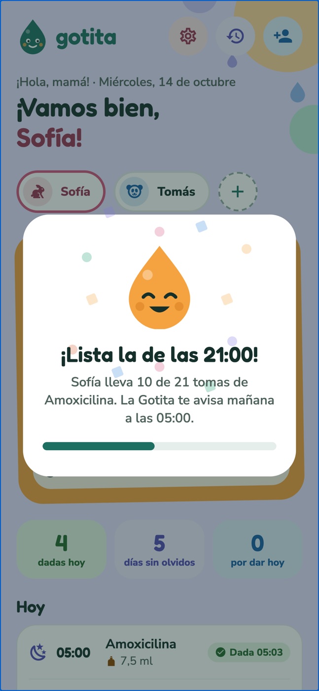 La Gotita celebra cuando marcas una toma