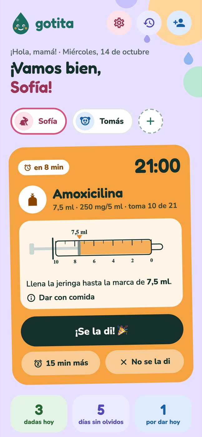 Lista de tomas del día con su estado